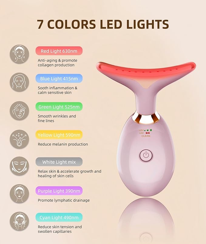 7 Color Face and Neck Massager Light Therapy, Red Light Based Facial Massager for Skin Care, Firming, Smoothing (Pink)