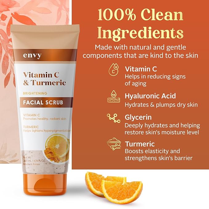 Envy Vitamin C and Turmeric Face Scrub - Clears Blackheads, Improves Dark Spots & Acne - Clean, Cruelty-Free Korean Skin Care for All Skin Types - Dermatologist Tested - 6.76 oz
