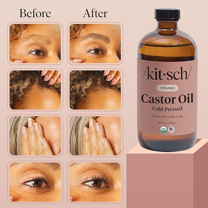 Kitsch Organic Castor Oil for Hair Growth - 100% Pure Castor Oil, Organic Cold Pressed Unrefined Glass Bottle for Face, Skin, Lashes, Brows, Scalp, Nails & Belly Button | Ideal Gifts for Women- 16 oz