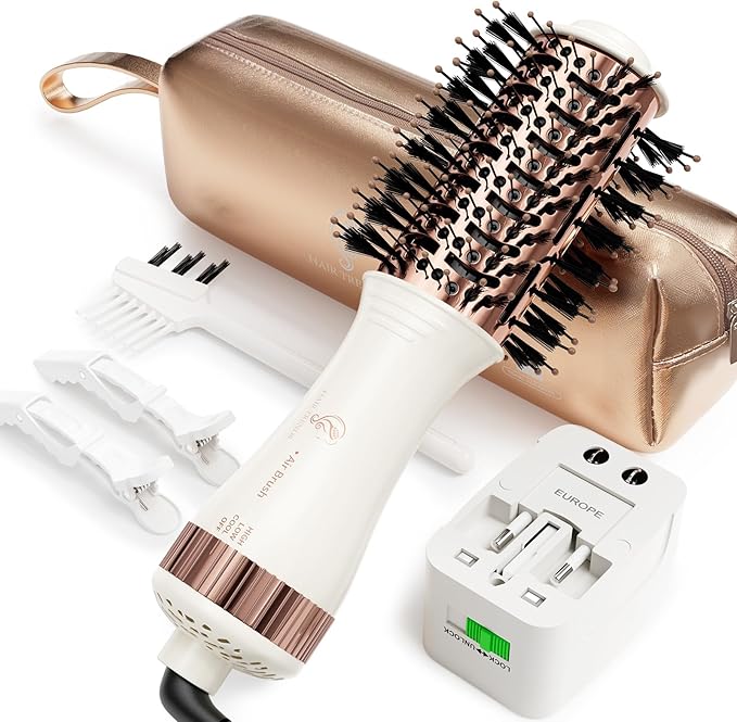 Travel Blow Dryer Brush in one, Dual Voltage 110V-240V Mini Hot Air Brush, Hair Trends Nano Titanium 2 Inch One Step Hair Dryer and Styler Volumizer Oval Shape