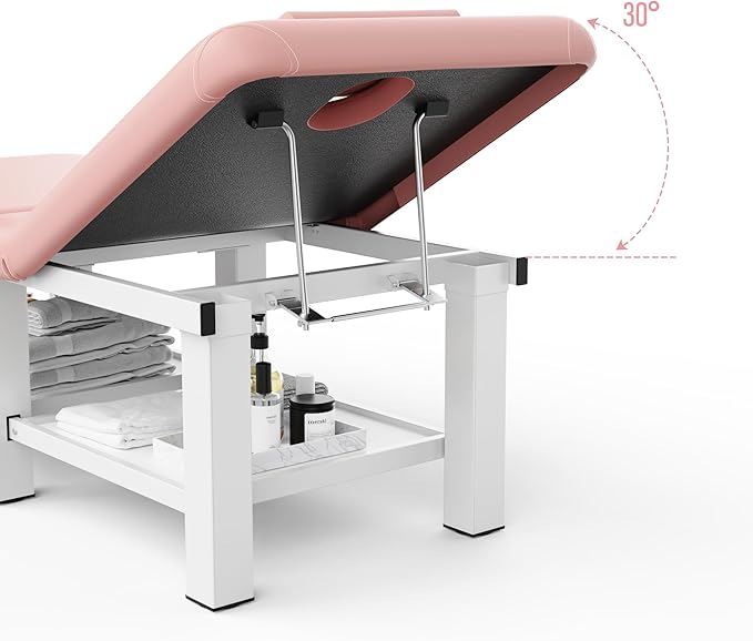 30.5'' Wide × 75'' Long Folding Stationary Massage Table with Backrest and Storage Space for Treatment Table Physical Therapy Table Spa Facial Bed, 6 Square legs, Metal Frame PU Leather - Pink