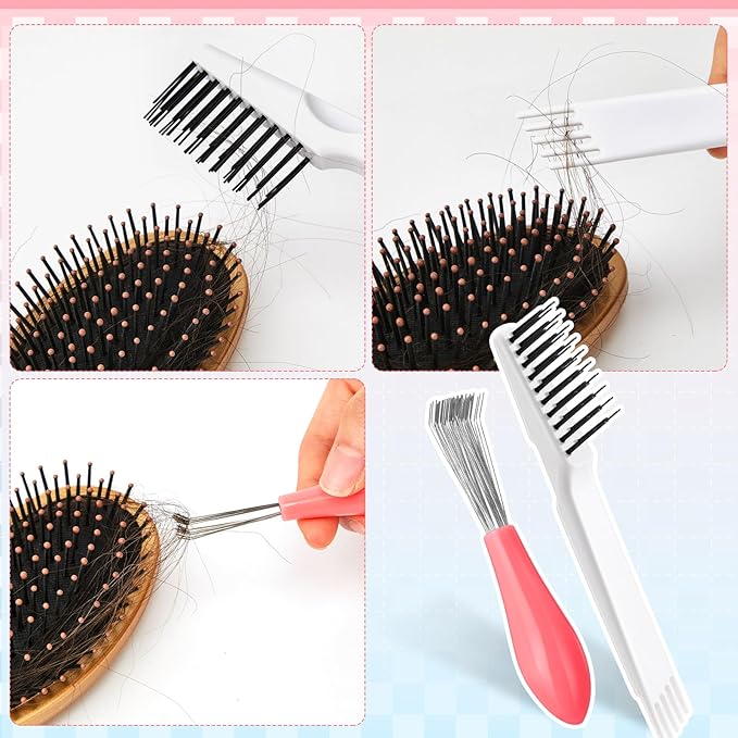 Boao 2 Pieces Hair Brush Cleaning Tool Comb Set 2-in-1 Mini Hair Brush Dirt Remover with Metal Wire Rake for Removing Dust Home and Salon Use(Pink and White)