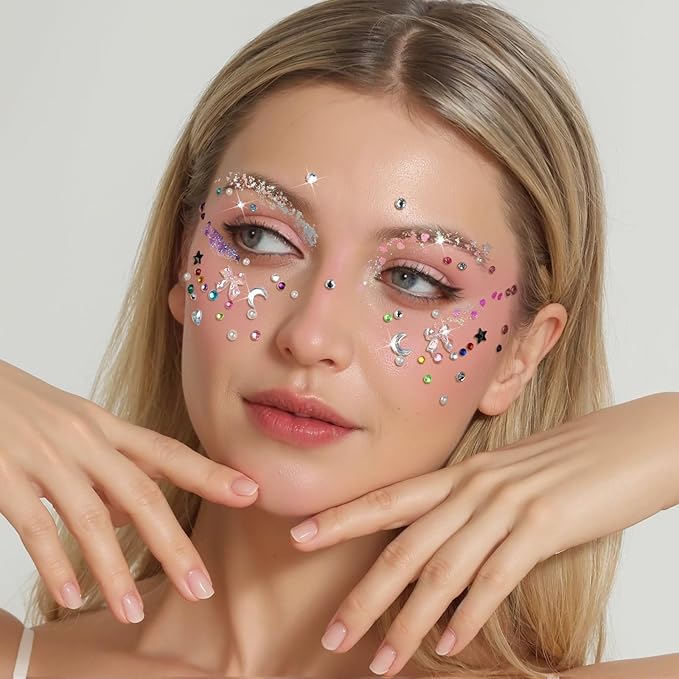 FANDAMEI Face Glitter Face Gems, 40 Colors Glitter Gel Palette with 6 Sheets Self Adhesive Hair Gems, Face Jewels for Women. Face Rhinestones Pearls for Women, Body Hair Glitter