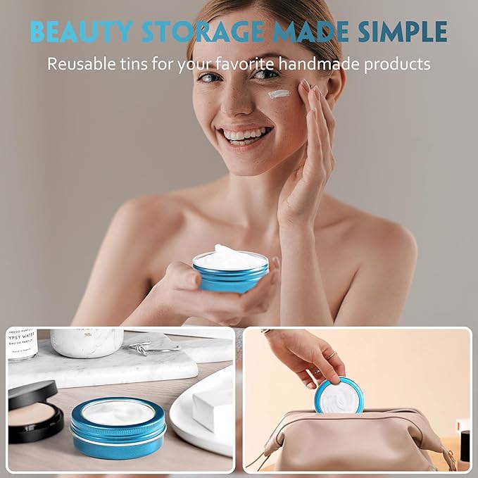 24 Pack 2 Ounce Screw Top Aluminum Tin Jar with Screw Clear Lid and Blank Labels, Refillable 60ml Metal Containers for Lip Balms, Candles, Salves, Spices, Crafts (Lake Blue)