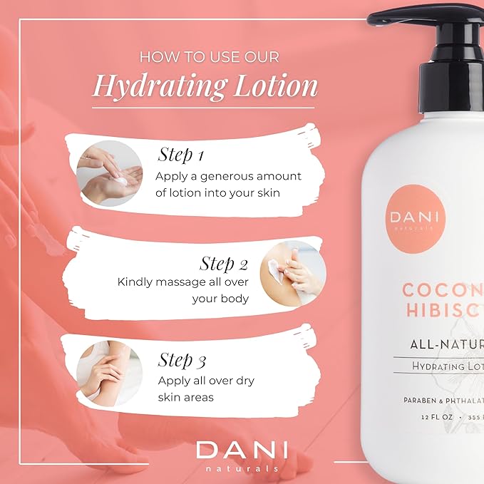 DANI Naturals Hand & Body Lotion - Coconut Hibiscus Scented, Moisturizing & Nourishing Lotion for Dry Skin, Deep Hydration with Natural & Organic Ingredients, Paraben-Free, Vegan & Cruelty-Free, 12 Oz