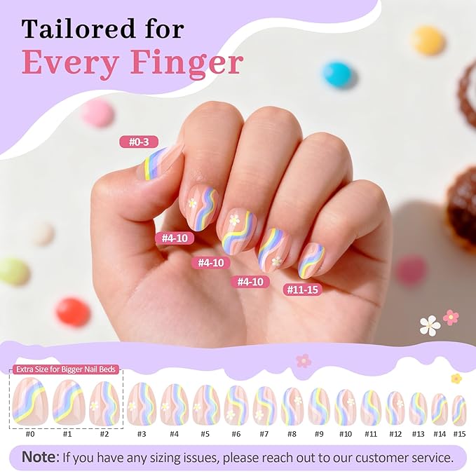 16 Sizes Press on Nails Kit for Kids - 32 Pieces French Almond Fake Nail Tips for Girls 8-12 Years Old with Jelly Nail Adhesives & No-Lamp Nail Glue, Birthday Christmas Gifts (Rainbow Flower)