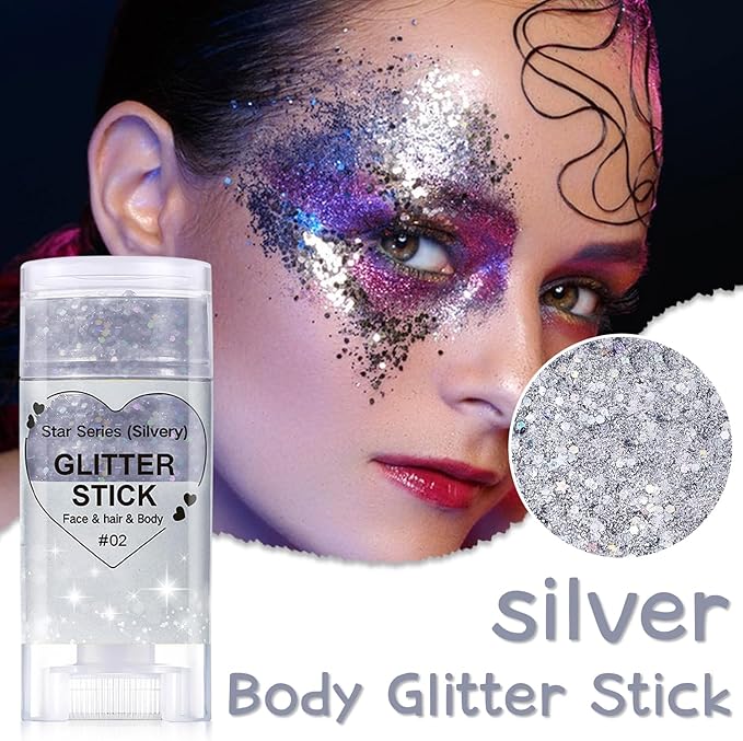 Silver Body Glitter Stick, Halloween Face Glitter Makeup,Holographic Hair Glitters Mermaid Makeup Rave Outfits for Women, Shimmer Face Paint Stick for Christmas (Silver)