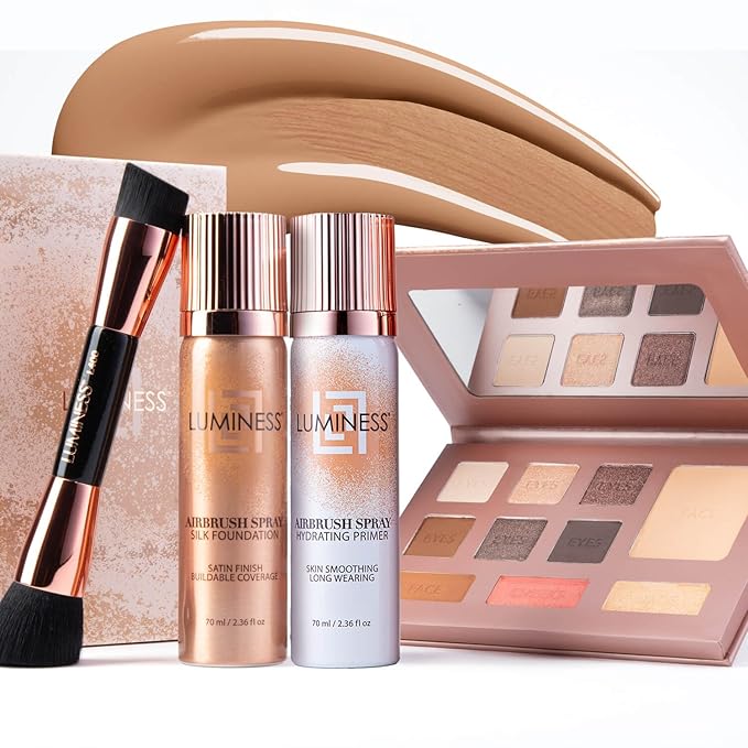 LUMINESS Complete Makeup Kit - Includes Face Palette, Airbrush Foundation, Primer and Brush - Silky, Long-Wearing, Easy to Blend, Perfect Makeup for Older Women, 4-PC Make Up Set (07 - Warm)
