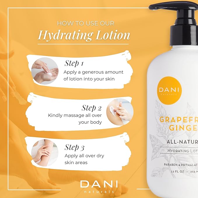 DANI Naturals Hand & Body Lotion - Grapefruit Ginger, Hydrating Lotion with Aloe Vera, Vitamin E & Shea Butter, Moisturizing for All Skin Types, Paraben-Free, 12 Oz