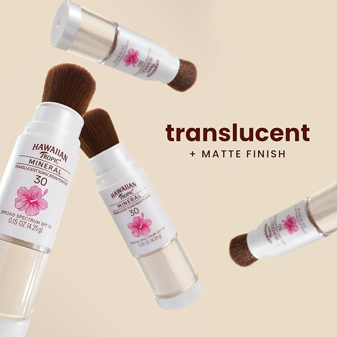 Hawaiian Tropic Mineral Powder Sunscreen Brush SPF 30 | Beach Essentials, Zinc Oxide Mineral Sunscreen Powder SPF, Face Sunblock Travel Size, Brush On Sun Screen Protector for Face and Body, 0.15oz