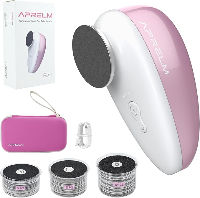 AprElm-E5 Rechargeable Electric Foot Callus Remover with 3-Sizes 120Pcs Sandpapers, Professional 1000RPM Electric Foot File with Organizer, Pedicure Tools Gifts for Women Men (Pink-White)