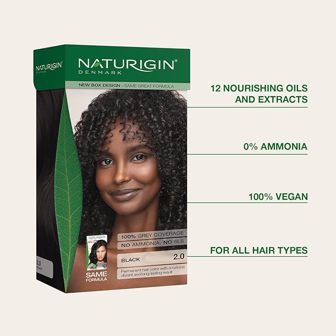 Naturigin Permanent Hair Color, 2.0 Black, Ammonia Free, 100% Gray Coverage, Nourishing Natural Formula, For All Hair Types, Long-Lasting, Vegan & Cruelty-Free, 1 Pack
