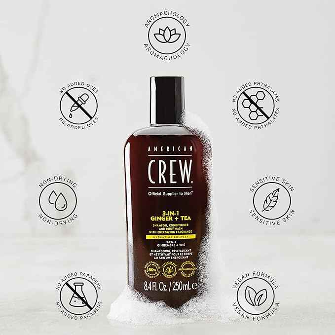 AMERICAN CREW 3-in-1 Ginger & Tea, Shampoo, Conditioner & Body Wash for Men, Hair Care Gift for Him, Revitalizing and Refreshing Fragrance, 33.8 fl oz