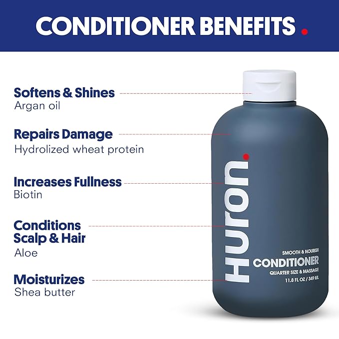 Huron Men’s Conditioner - Lightweight, Hydrating Conditioner - Eliminates Frizzy Hair, Moisturizes, & Restores Shine - Clean & Invigorating Scent - 100% Vegan Ingredients & Cruelty-Free - 11.8 Fl Oz