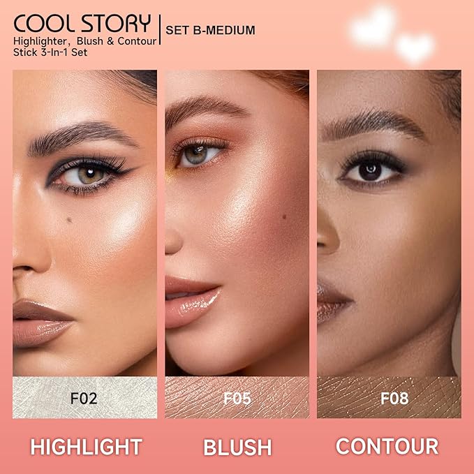 Cool Story 3-in-1 Makeup Set, Highlighter, Blush and Contour Balm Stick, Cream Formula for Face Contouring, Professional Cosmetic Kit (SET-B)