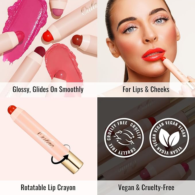Oulac Coral Red Lipstick - Moisturizing Lipstick Tinted Lip Balm for Dry Lips | Vibrant Bright Red Lip Crayon & Blush - Lip Colour and Cheeks Makeup | 2.48g, Bloom Bloom (03)