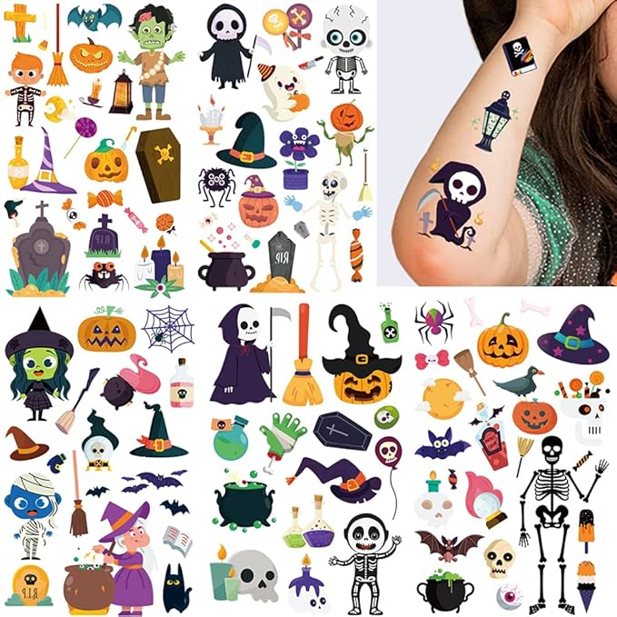 360PCS Halloween Temporary Tattoos for Kids, Halloween Face Fake Tattoo Body Stickers Decorations, Face Makeup Assorted Prizes Goody Bag Stuffers Party Favors Supplies Decor Pumpkin Witch Skull Adult