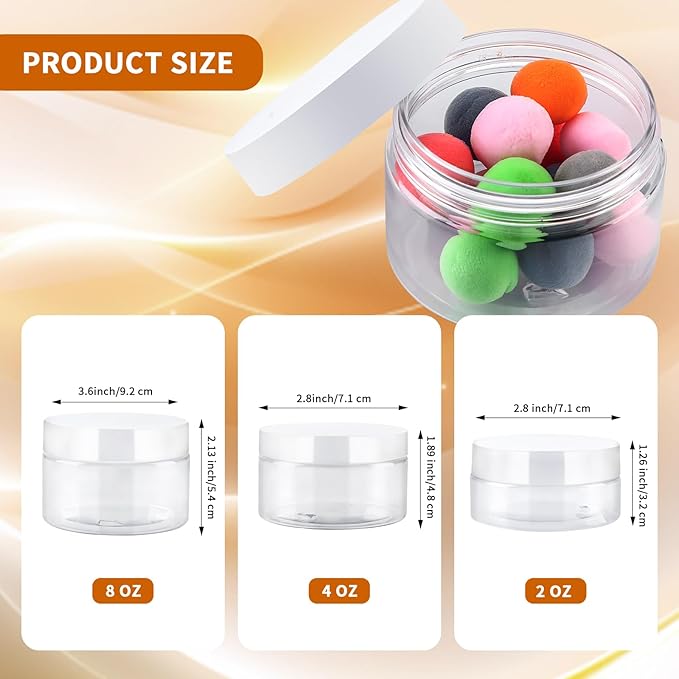 24 Pack 8 Oz Plastic Containers with White Lids, Clear Empty BPA Free and Refillable Cosmetic Jars Travel Containers for Creams, Lotion, Bath Salts, Sugar Scrub, Slime, Lip Scrub, Makeup