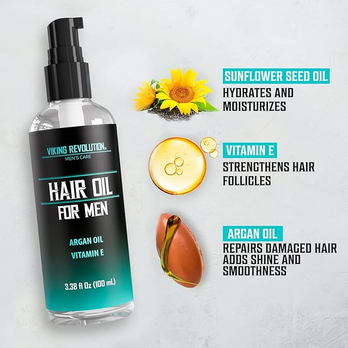 Viking Revolution Hydrating Hair Oil for Men - Mens Hair Oil Men with Vitamin E Dry Hair Oils with Argan Oil - Sunflower Seed Oil Hair Serum Repair, Hidrate Hair Treatment Oils (3.38 fl Oz)