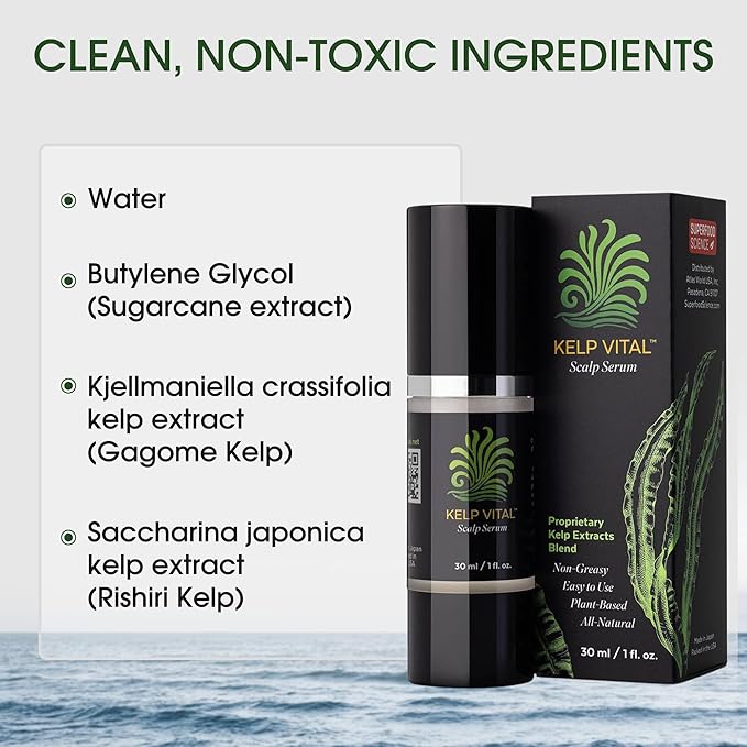 Kelp Vital Scalp Serum for Thinning Hair, Daily Plant-Based Scalp Care with Gagome & Rishiri Kelp, Unscented, Alcohol-Free, Non-Greasy, for Women & Men, 30 mL Airless Pump