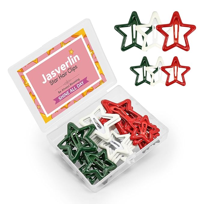 White Green Red Star Hair Clips Accessories for Girls Women Kids, Metal Snap Barrettes Cute Colorful Pins for Party Rave Large & Small Size 36pcs (Christmas)