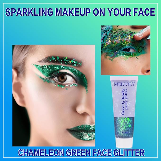 MEICOLY Chameleon Green Face Body Glitter,Christmas Face Glitter Stocking Stuffers,Color Changing Mermaid Face Glitter,Halloween Glitter Face Paint for Face Body Hair,St Patricks Day Accessories