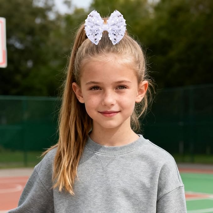 Velvet Sequin Hair Bows Elegant White Bow for Women Girls, 4in Glitter Handmade Hair Clips Alligator Clips Sparkly Ponytail Holder Hair Accessories for Christmas, Birthday Party, Wedding, Valentines