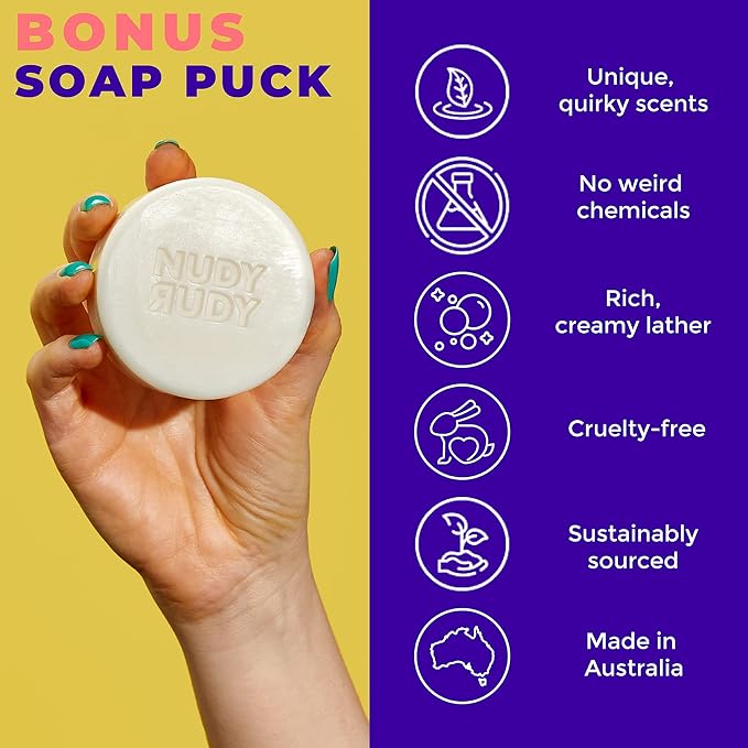 Nudy Rudy Hunny Bunny 2 Pack, Liquid Body Wash Bundle with Bonus Soap Bar, Aloe Vera and Vitamin E, Moisturizing Shower Gel and Body Wash and Bar Soap for Men and Women 16.9 fl oz and 4.2 oz