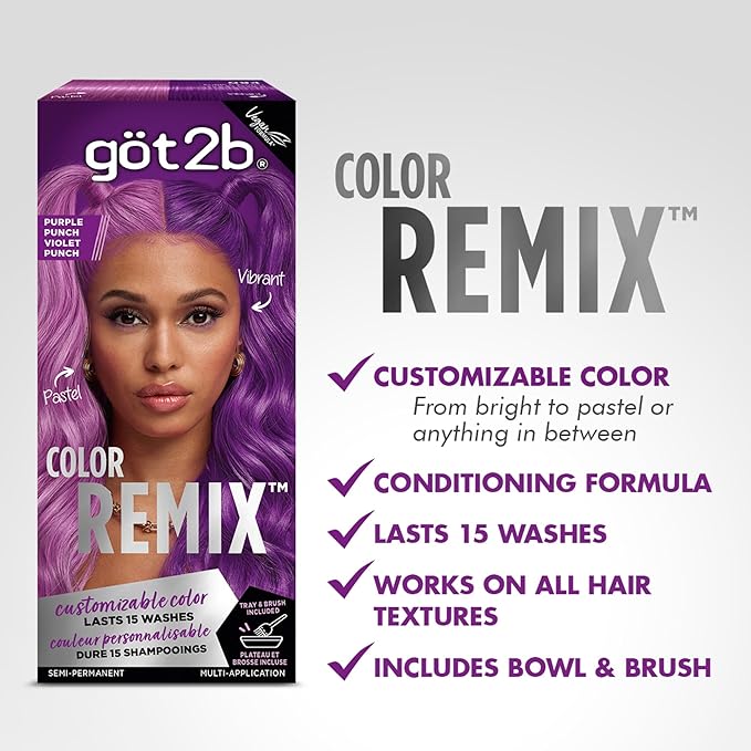 got2b Color Remix Semi-Permanent Hair Color, Purple Punch 094, Customizable Temporary Hair Dye to Create A Vibrant or Pastel Shade, Easy At-Home Application, Lasts Up to 15 Washes