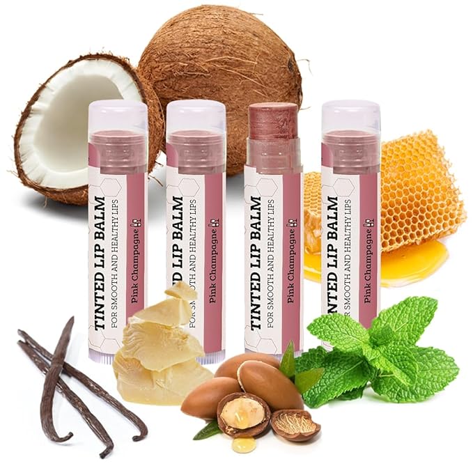 Earth's Daughter Tinted Lip Balm Stocking Stuffers 4-Pack of Pink Champagne Color - Beeswax, Coconut Oil, Cocoa Butter, Vitamin - Moisturize and Beautify - Paraben Free