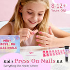 16 Sizes Press on Nails Kit for Kids - 32 Pieces French Almond Fake Nail Tips for Girls 8-12 Years Old with Jelly Nail Adhesives & No-Lamp Nail Glue, Birthday Christmas Gifts (Rose Pink Grid)