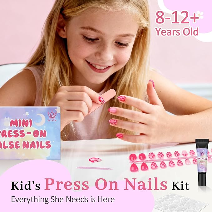 16 Sizes Press on Nails Kit for Kids - 32 Pieces French Almond Fake Nail Tips for Girls 8-12 Years Old with Jelly Nail Adhesives & No-Lamp Nail Glue, Birthday Christmas Gifts (Rose Pink Grid)