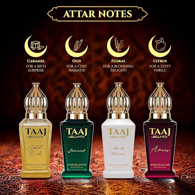 BELLAVITA Luxury Taaj Attar | Long Lasting Unisex Gift Set for Man and Woman 4x12ml | Caramel, Lemon, Cinnamon, and Musk | Non-Alcoholic Roll On | Oud, Floral, Musk | Attar for Men and Women