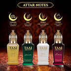 BELLAVITA Luxury Taaj Attar | Long Lasting Unisex Gift Set for Man and Woman 4x12ml | Caramel, Lemon, Cinnamon, and Musk | Non-Alcoholic Roll On | Oud, Floral, Musk | Attar for Men and Women