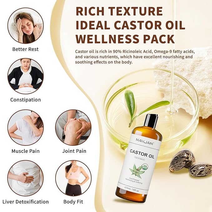 MAYJAM Organic Castor Oil 16 oz, 100% Pure Cold Pressed Castor Oils for Hair Growth, Eyebrows, Eyelash, USDA Certified Caster Carrier Oil for Body, Skin & Face Moisturizer