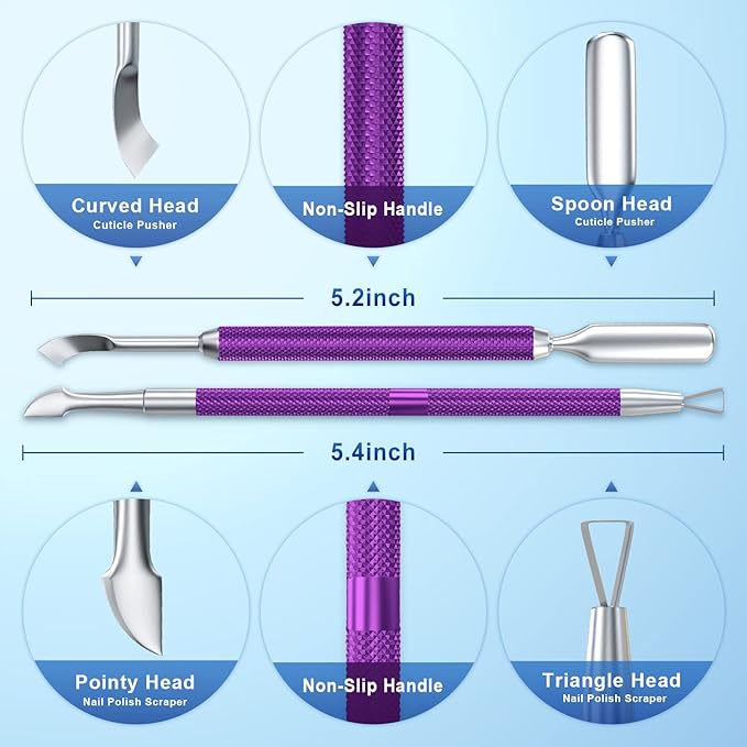 2PCS Metal Deep Purple Cuticle Pusher and Cutter Remover Salon Quality Stainless Steel Gel Nail Polish Peeler Scraper Durable Manicure and Pedicure Cleaner Tool For Fingernail and Toenail