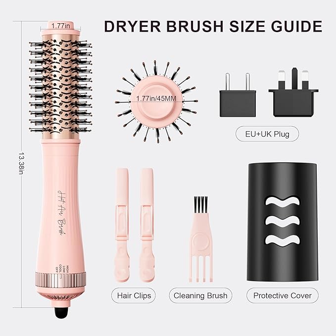 Round Brush Blow Dryer Hair Dryer Brush in One, Dual Voltage 45mm Round Barrel Root Booster for Drying & Styling, 2-in-1 Titanium Brush Dryer with Ionic Technology for More Shine and Less Frizz