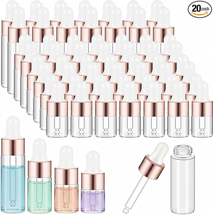 20 Pcs Mini Glass Oil Dropper Bottle Bulk, Clear Essential Small Empty Bottles Sample Containers Perfume Liquid Vials with Cap for Traveling (1ml,2ml,3ml,5ml,Rose Gold)