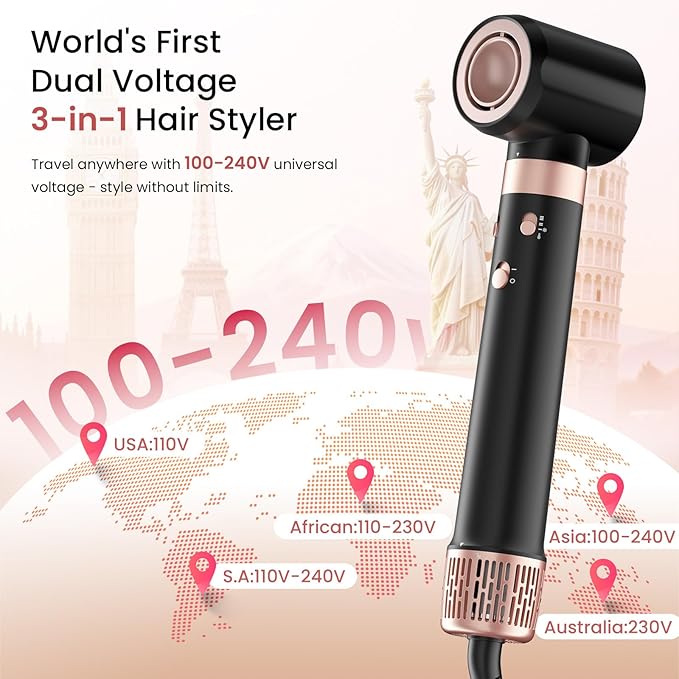 Dual Voltage 3 in 1 Hot Hair Styler – High-Speed Hair Dryer with Air Styler with Long Barrel Air Styler, European Hair Tools Styling, Fast Drying and Quick Styling, Travel Case,Gifts for Women