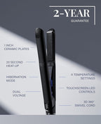 GLAMPALM Hair Straightener 1" Ceramic Flat Iron Infused with Vita C, Korea's No.1 Professional Salon Tool, 3D Swivel Cord & Dual Voltage, Digital LED(210°–450°), 20s Fast Heat-Up, Pure Black (GP201T)