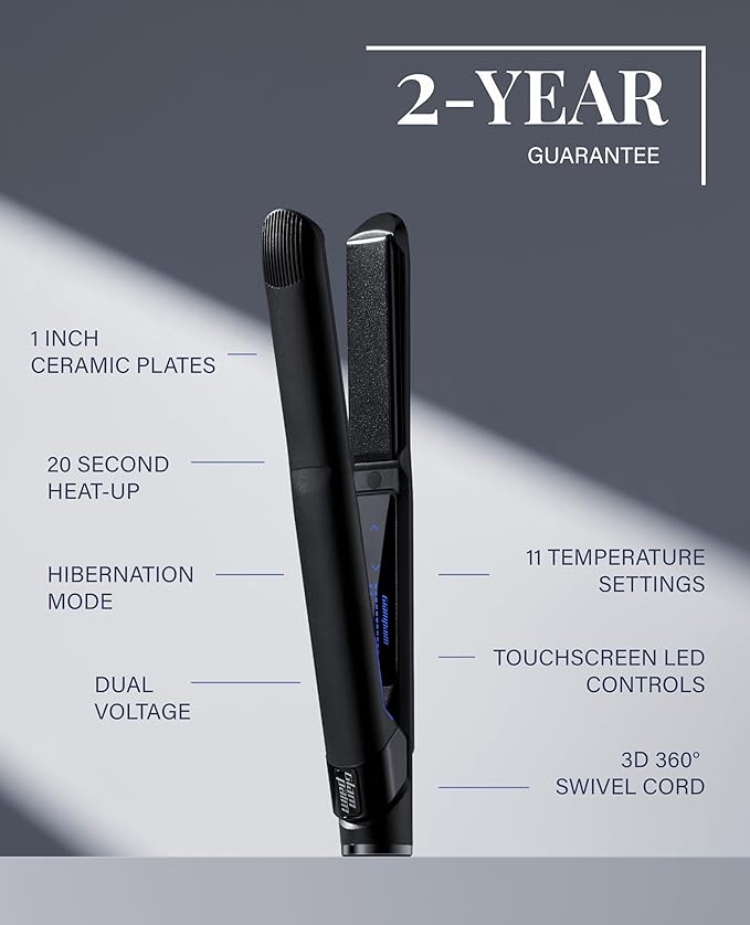 GLAMPALM Hair Straightener 1" Ceramic Flat Iron Infused with Vita C, Korea's No.1 Professional Salon Tool, 3D Swivel Cord & Dual Voltage, Digital LED(210°–450°), 20s Fast Heat-Up, Pure Black (GP201T)