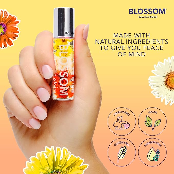 Blossom Roll on Lip Gloss, Gourmand Scented Clear High Shine Moisturizing Lip Oil, Non Sticky, Infused with Real Flowers, Made in USA, 0.2oz, Almond Biscotti
