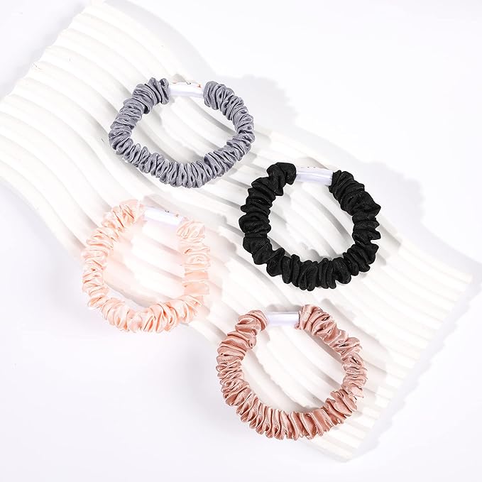 Hair Ties Silk Satin Scrunchies - Small Mini Thin Elestics Ponytail Holder Hair Bands Skinny Scrunchy For Thick Curl Hair No Crease Hair Ties Soft Accessories No Hurt Your Hair for Women and Girls (Basic color)