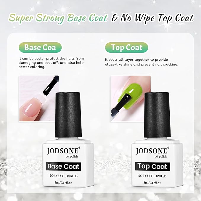 JODSONE 9 Green Colors Jelly Gel Nail Polish Set with Base Coat Top Coat Women's Holiday Gifts