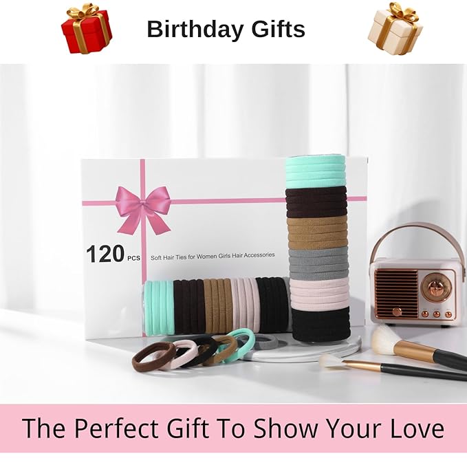 LuSeren 120 Pcs No Damage Hair Ties for Thick Hair, Large Soft Seamless Nylon Hair Elastics for Women, Ponytail Holders, Hair Accessories – Neutral Colors