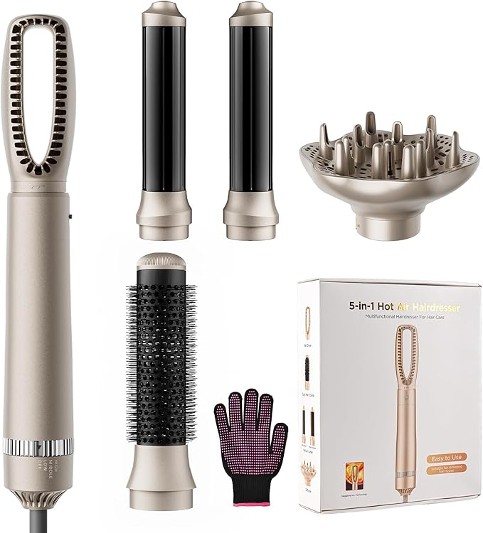 Bo'laiya 5-in-1 Hot-Air Brushes Brush for Straightening, Curling & Styling, Detachable & Interchangeable Brush Head, Negative Ionic Technology, for All Hair Types,Protective Glove Included