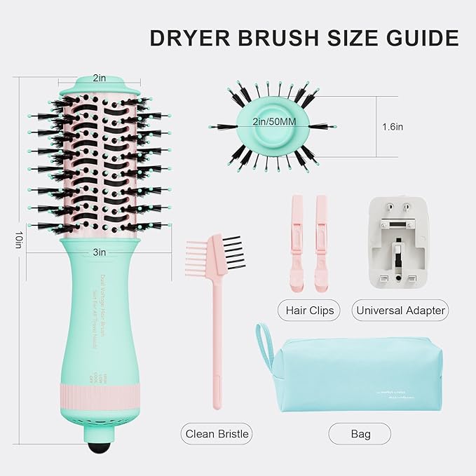 Travel Hair Dryer Brush Dual Voltage Blow Dryer in One, 2 inch Mini Hot Air Styling Tool, Hair Volumizer/Straightener/Curler with Universal Adapter, European Travel Size Styler