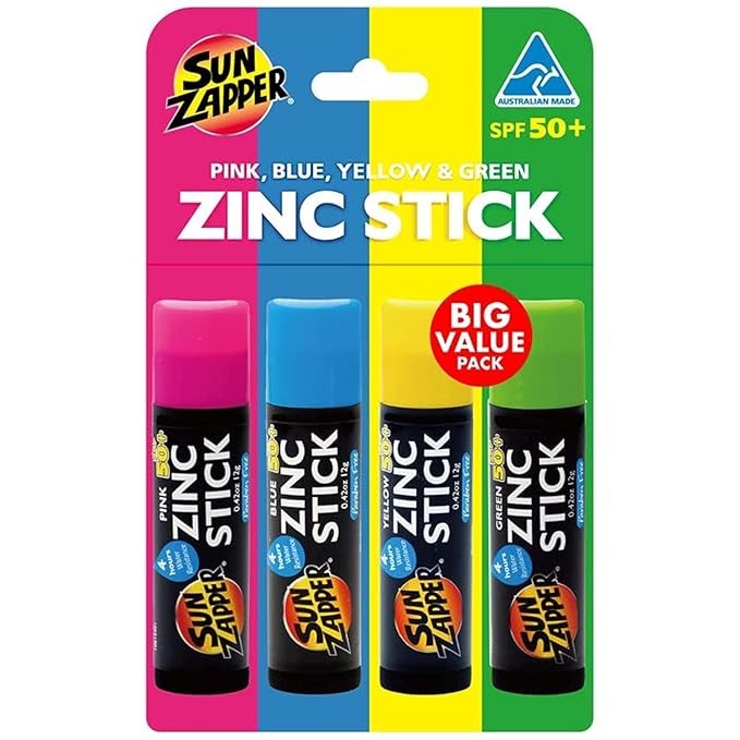 Sun Zapper Zinc Oxide Sunscreen Stick – SPF 50+ Tinted 4-Pack (Pink, Blue, Green, Yellow) – Sunscreen Stick, Zinc Sunscreen, Water Resistant, Broad Spectrum UVA/UVB, Made in Australia