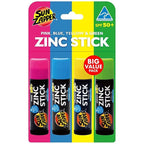 Sun Zapper Zinc Oxide Sunscreen Stick – SPF 50+ Tinted 4-Pack (Pink, Blue, Green, Yellow) – Sunscreen Stick, Zinc Sunscreen, Water Resistant, Broad Spectrum UVA/UVB, Made in Australia