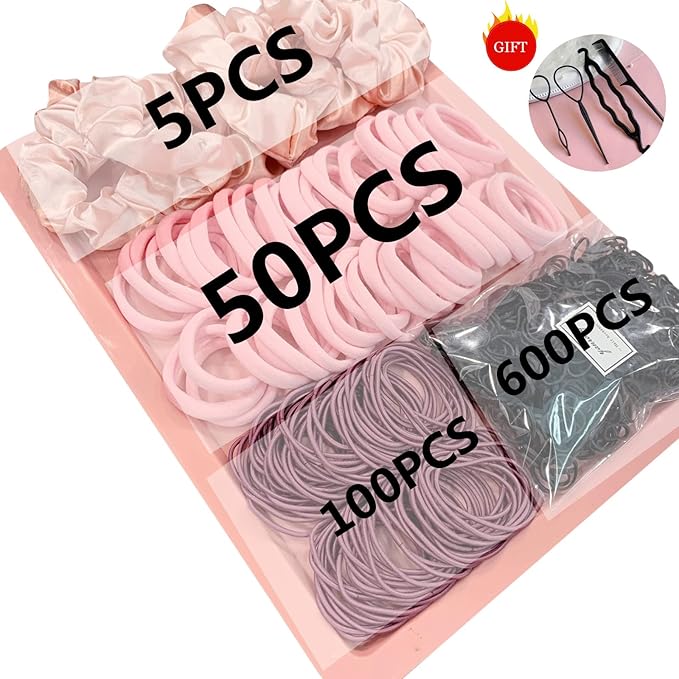 YANRONG 755PCS Hair Accessories for Woman Set Seamless Ponytail Holders Variety Hair Scrunchies Hair Bands Scrunchy Hair Ties For Thick and Curly (Pink)
